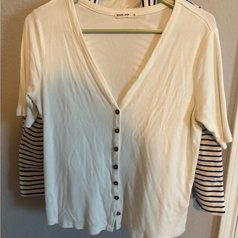 Marine Layer Cream and Brown 3/4 Sleeve Button Down Shirt